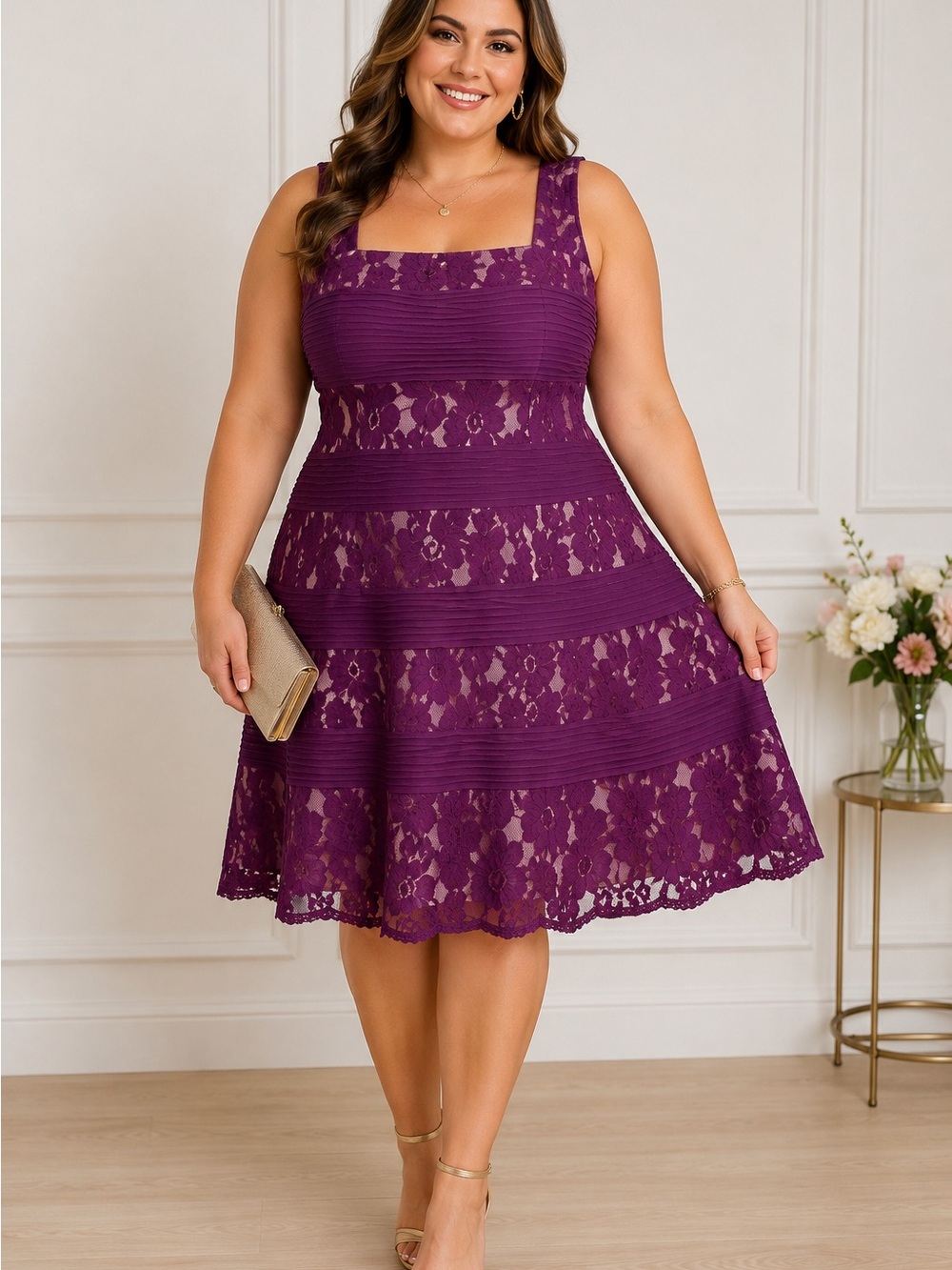Gabby Skye Sleeveless Lace Fit-and-Flare Dress in Plum Purple cocktail party 18W